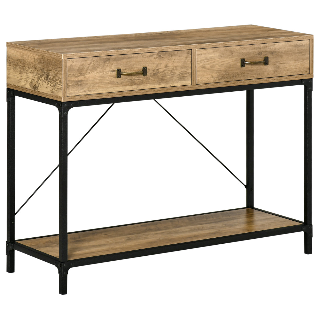 easycomfort easycomfort tavolo consolle stile vintage in metallo e legno con 2 cassetti e mensola 100x35x76 5cm marrone