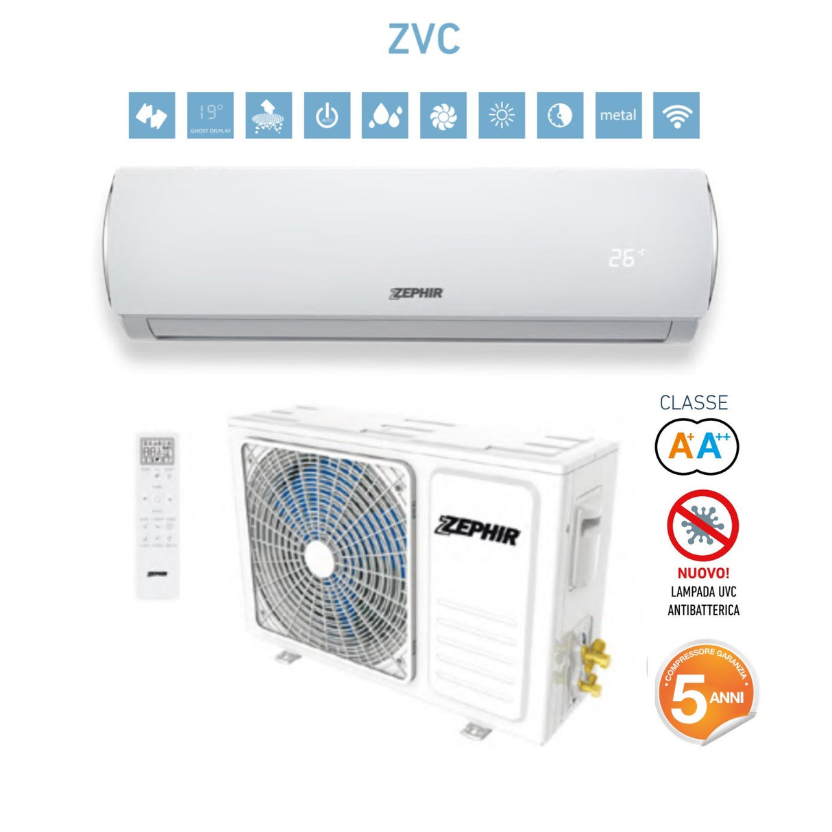 pronta consegna climatizzatore zephir monosplit serie smart clean 12000 btu zvc 9000 gas r 32 classe a__ a_ garanzia 5 anni spedizione su pedana assicurazione kasko inclusa