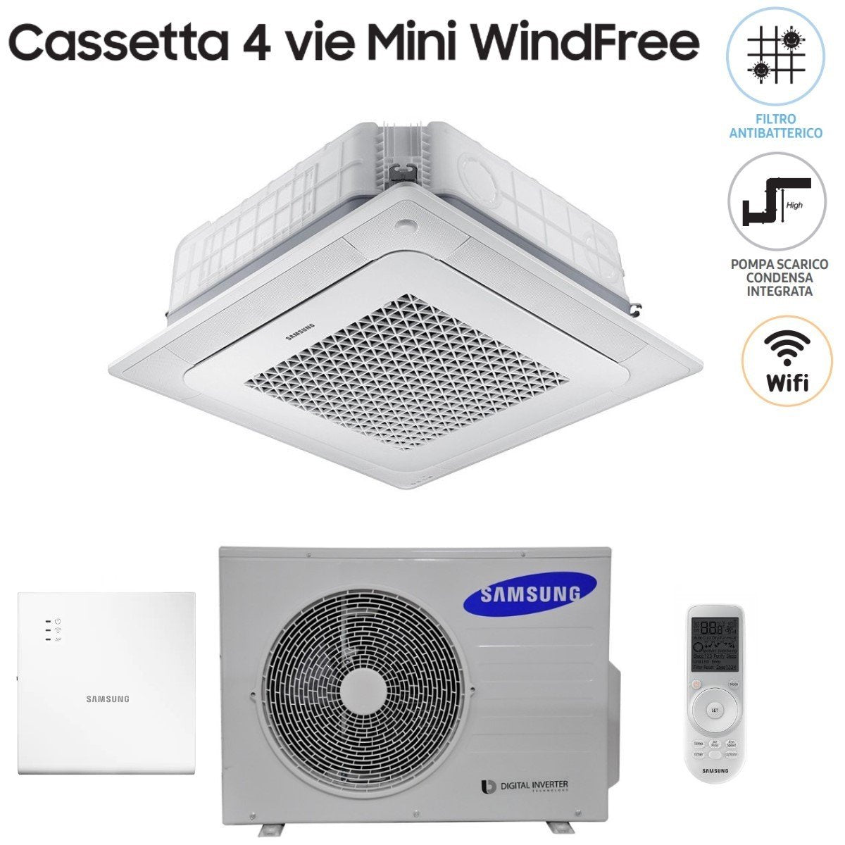climatizzatore condizionatore samsung mini cassetta 4 vie windfree 12000 btu ac035nnndkh r 410 wi fi optional con telecomando wireless e pannello incluso