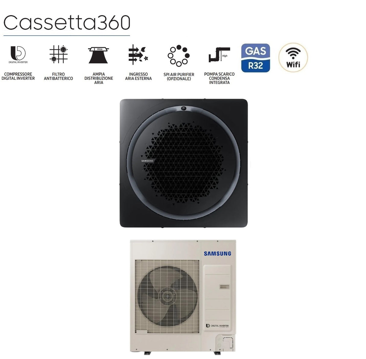 climatizzatore condizionatore samsung inverter cassetta 360 36000 btu ac100mn4pkh eu monofase r 410 wi fi optional con comando wireless incluso disponibili vari pannelli