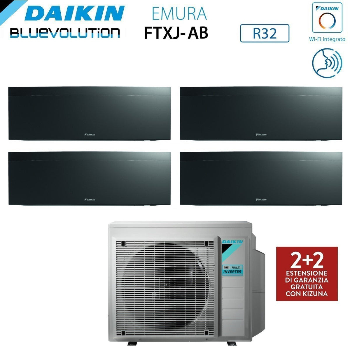 climatizzatore condizionatore daikin bluevolution quadri split inverter serie emura black iii 12_12_12_12 con 4mxm80n r 32 wi fi integrato 12000_12000_12000_12000 colore nero garanzia italiana