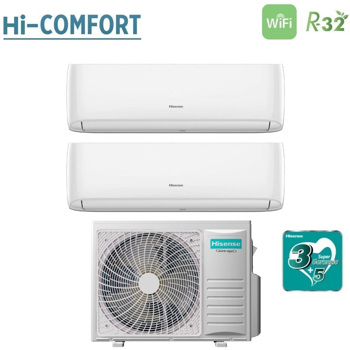 climatizzatore condizionatore hisense dual split inverter serie hi comfort 12_18 con 3amw72u4rfa r 32 wi fi integrato 12000_18000 novita 33682