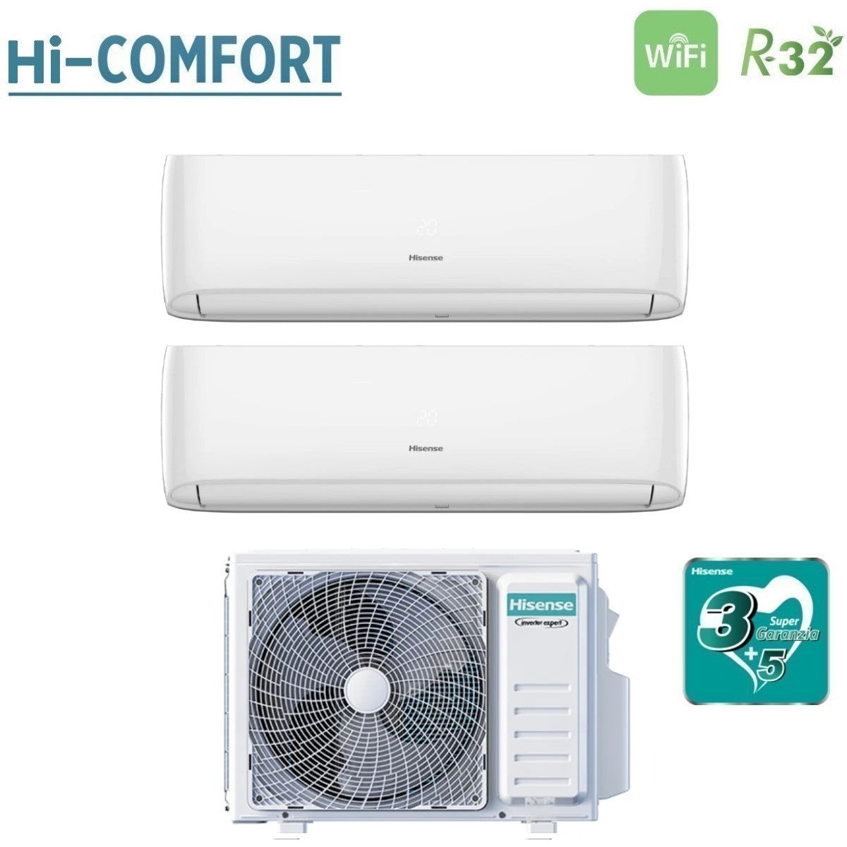 climatizzatore condizionatore hisense dual split inverter serie hi comfort 7_12 con 2amw52u4rxc r 32 wi fi integrato 7000_12000 novita