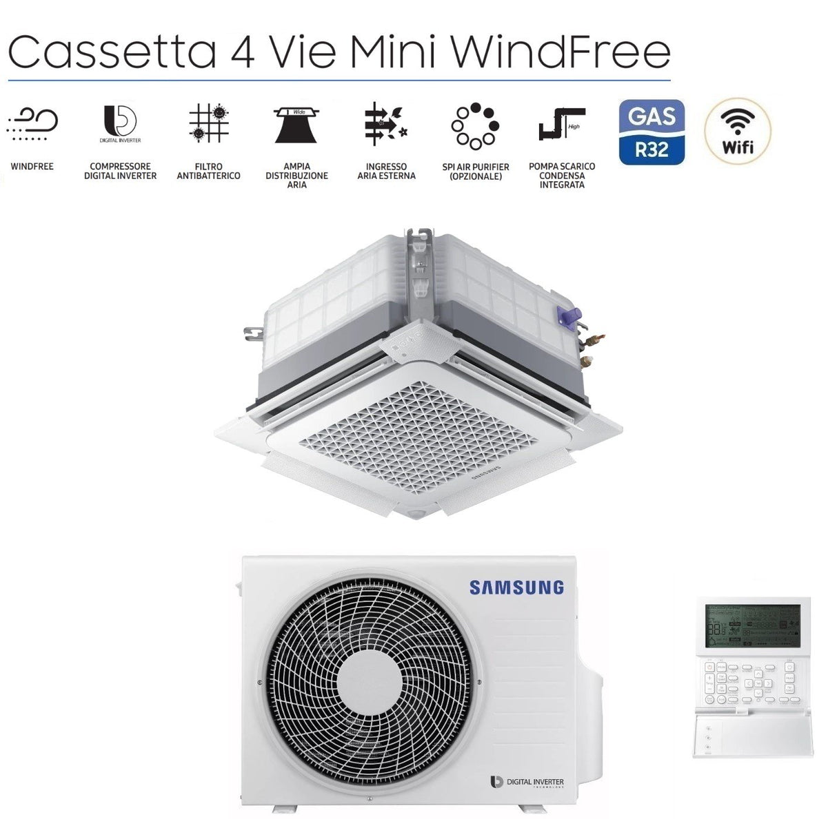 climatizzatore condizionatore inverter samsung cassetta 4 vie mini windfree 12000 btu r 32 ac035rnndkg con pannello e comando a filo novita