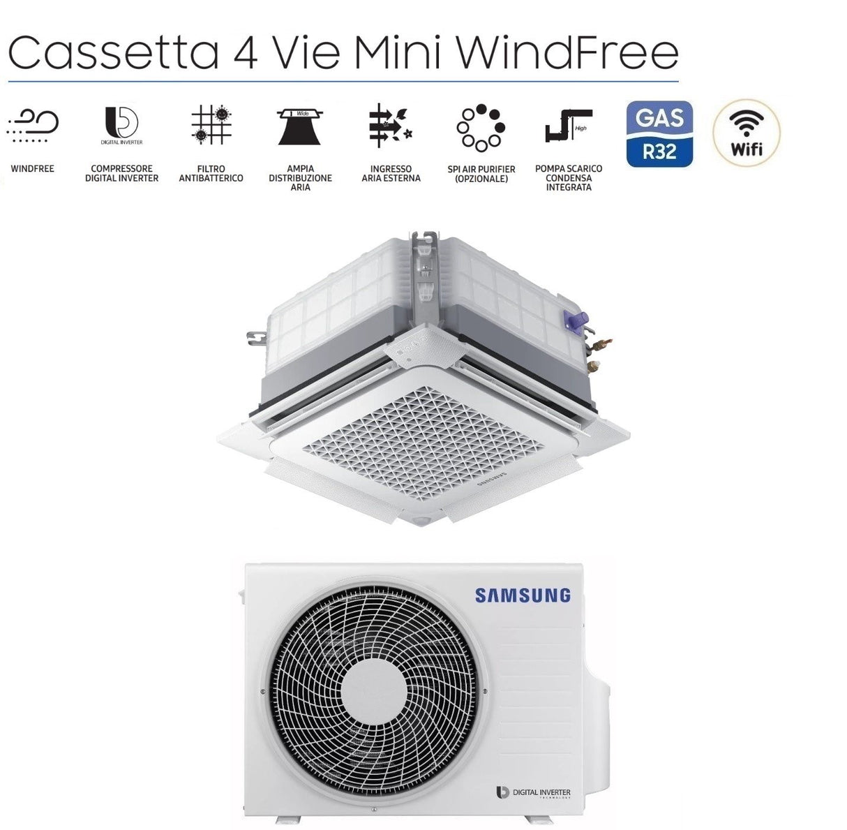 climatizzatore condizionatore inverter samsung cassetta 4 vie mini windfree 18000 btu r 32 ac052rnndkg con pannello e comando a filo novita