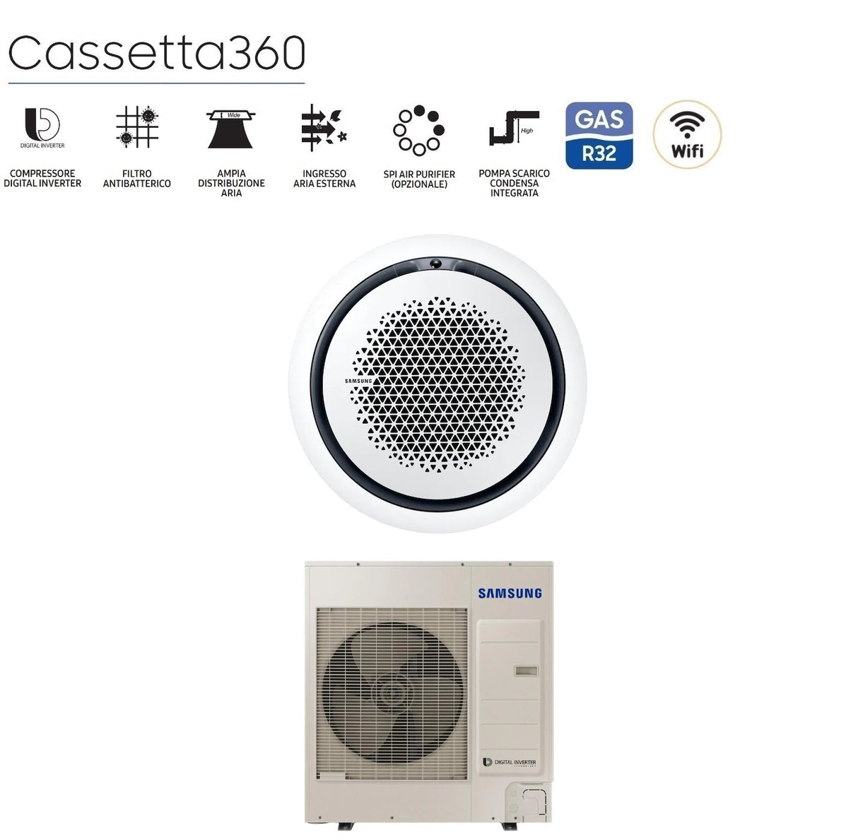 climatizzatore condizionatore samsung inverter cassetta 360 48000 btu ac140mn4pkh eu monofase r 410 wi fi optional con comando wireless incluso disponibili vari pannelli