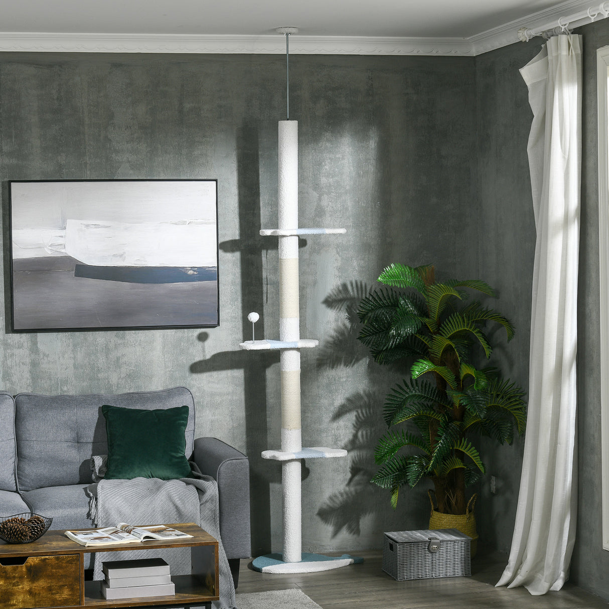 easycomfort easycomfort albero tiragraffi per gatti a soffitto con palo regolabile da 225 255 cm pallina e piattaforme bianco