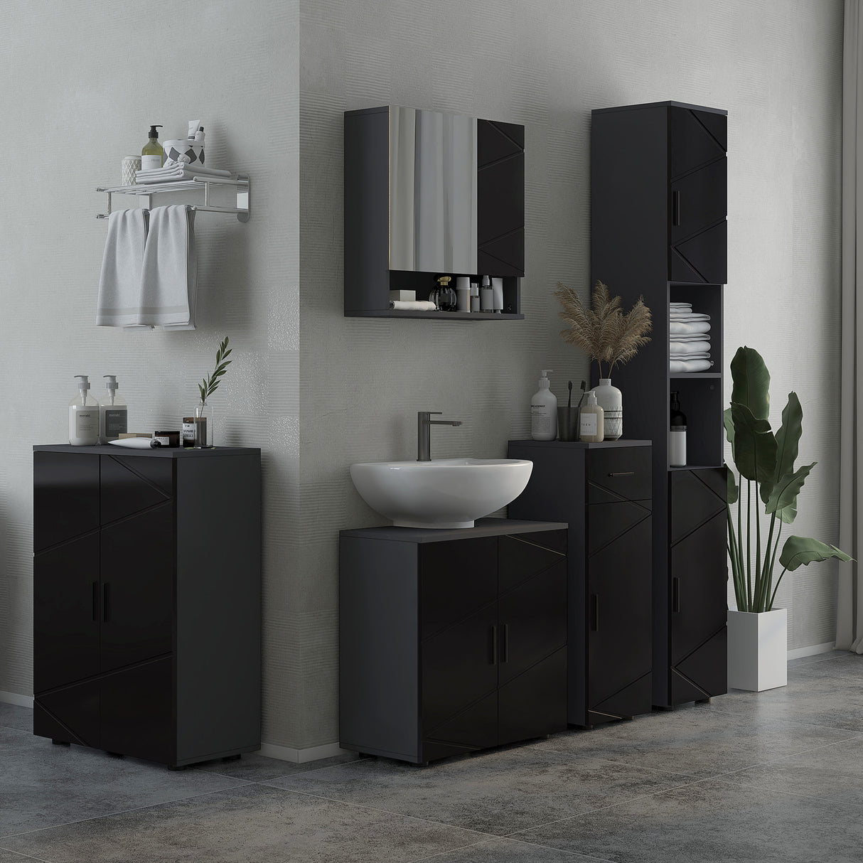 easycomfort easycomfort armadietto con specchiera bagno a 2 ante e mensole regolabili in legno 55x17x55cm nero