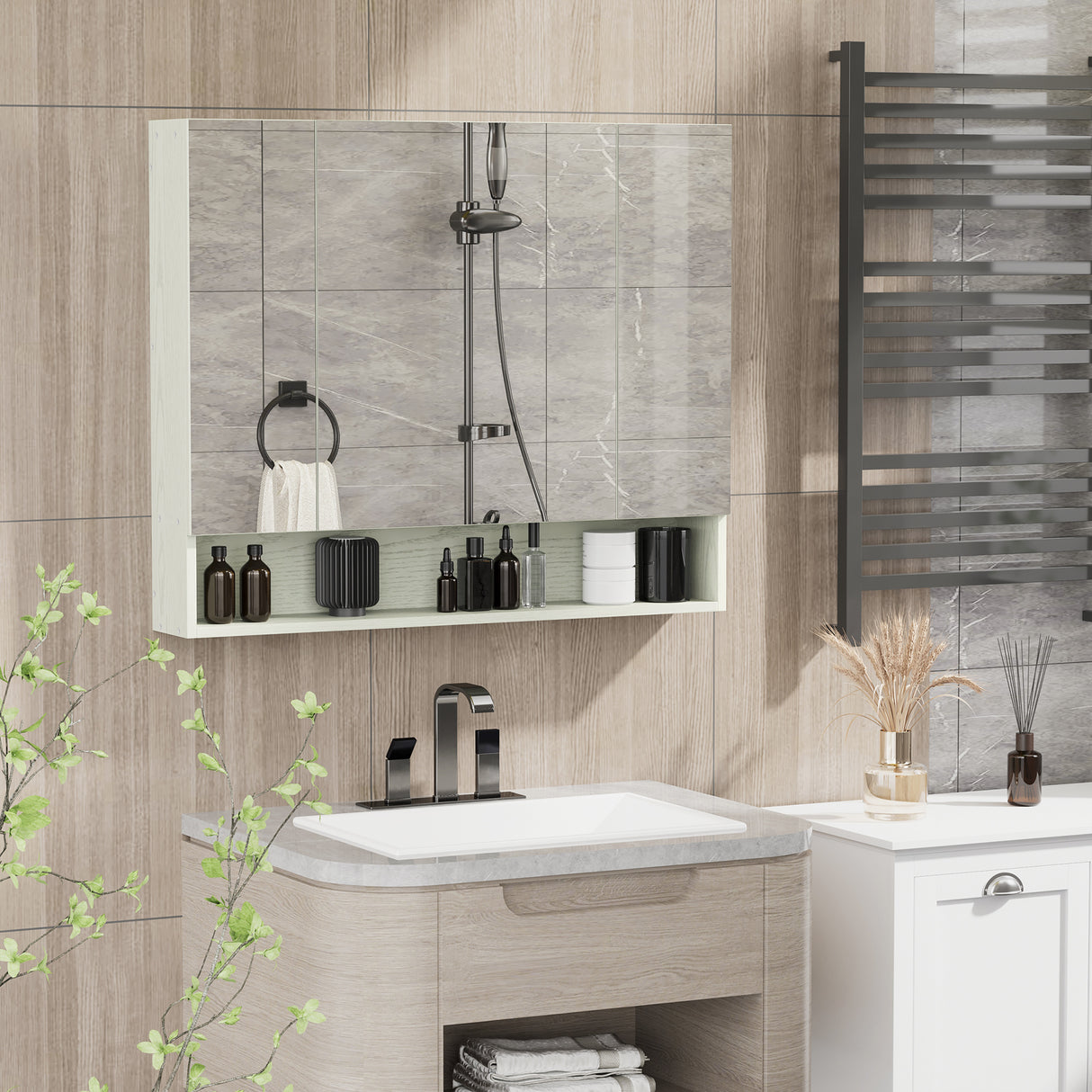 easycomfort easycomfort armadietto con specchio a 4 sezioni con ripiani regolabili specchiera bagno in legno e vetro 90x15x75 cm bianco