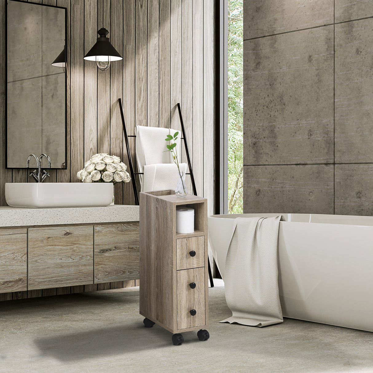 easycomfort easycomfort armadietto da bagno a colonna mobile bagno con 4 ruote 1 cassetto 1 armadietto con anta 2 armadietti aperti color rovere 18x30x68 5 cm ean 8054111841085
