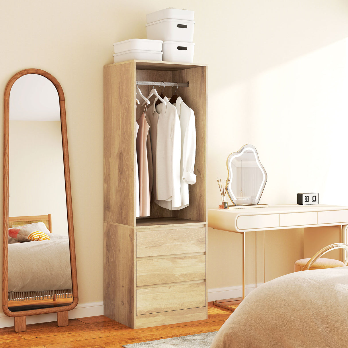 easycomfort easycomfort armadio guardaroba con asta appendiabiti ripiano aperto e 3 cassetti in legno 60x48 5x185 cm color teak