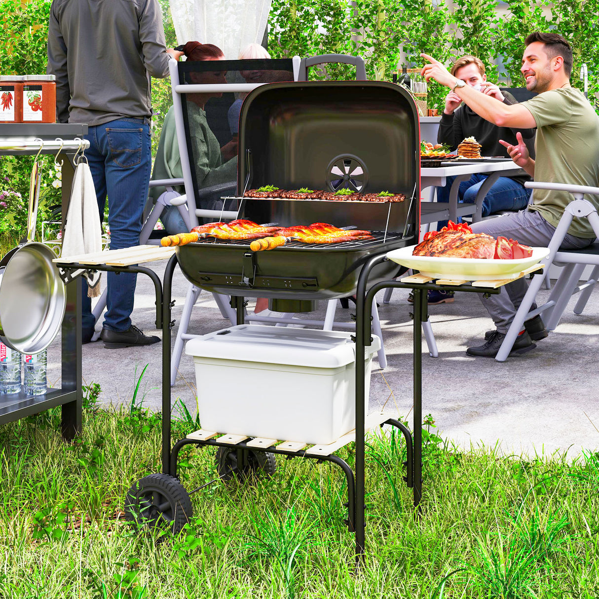 easycomfort easycomfort barbecue a carbone con 3 ripiani e ruote coperchio con presa daria regolabile rosso