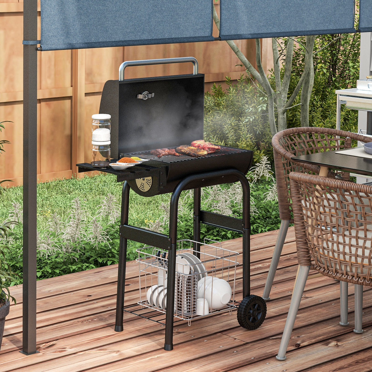 easycomfort easycomfort barbecue a carbone con coperchio termometro e camino ripiani e ruote nero