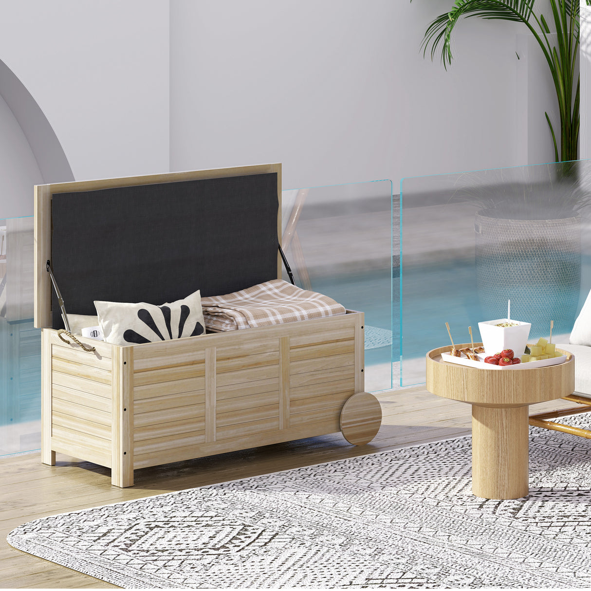 easycomfort easycomfort baule da esterno 185l a 2 ruote con telo interno e coperchio in legno di abete 110x50x50 cm color legno