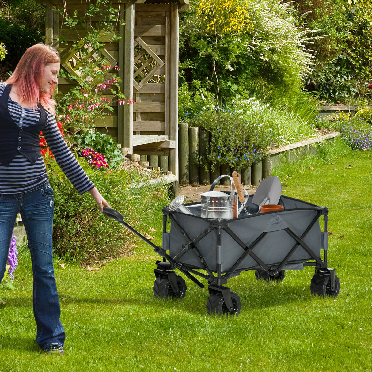 easycomfort easycomfort carrello da giardino carico max 70kg con maniglia telescopica in metallo e tessuto oxford 108x55 cm grigio