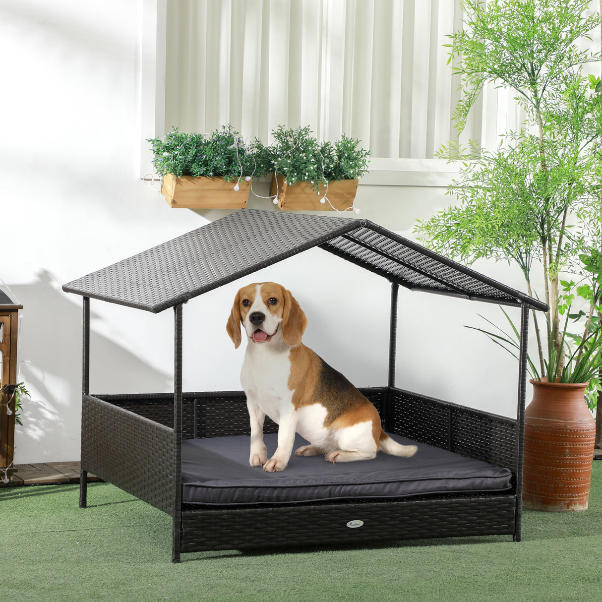 easycomfort easycomfort casetta per cani rialzata con cuscino sfoderabile in rattan pe e acciaio 117x85x89 cm grigio e marrone