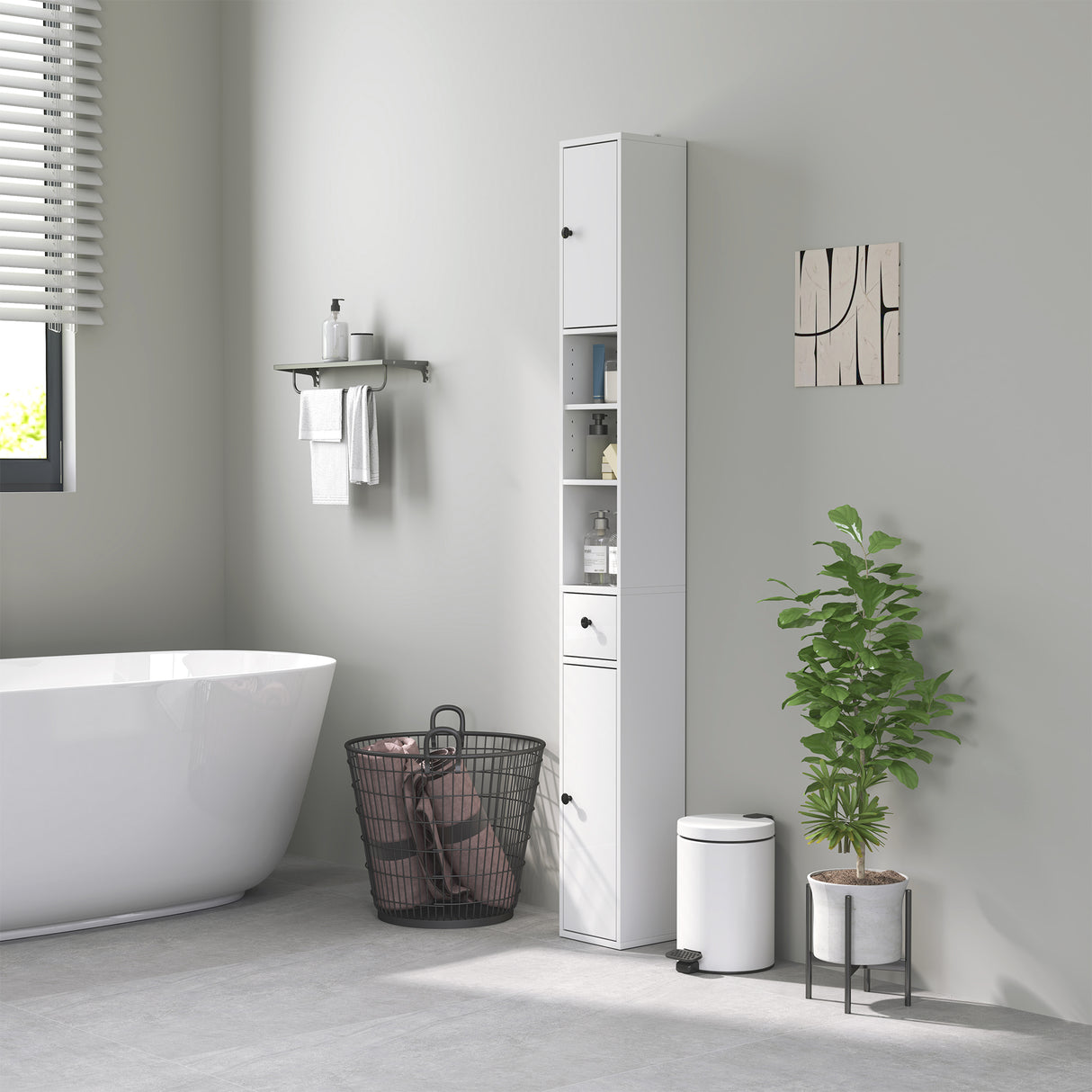easycomfort easycomfort colonna bagno salvaspazio con 2 armadietti 3 ripiani aperti e cassetto in legno 20x20x178 cm bianco