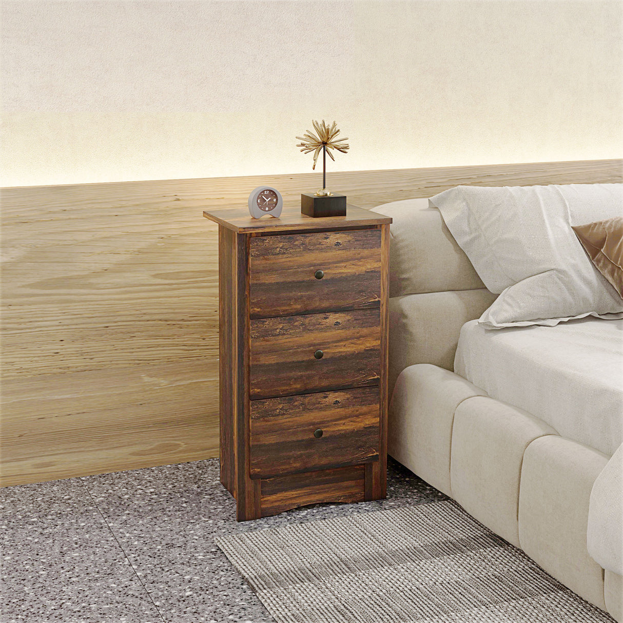 easycomfort easycomfort comodino con 3 cassetti dallo stile rustico in legno 40x30x74 cm marrone