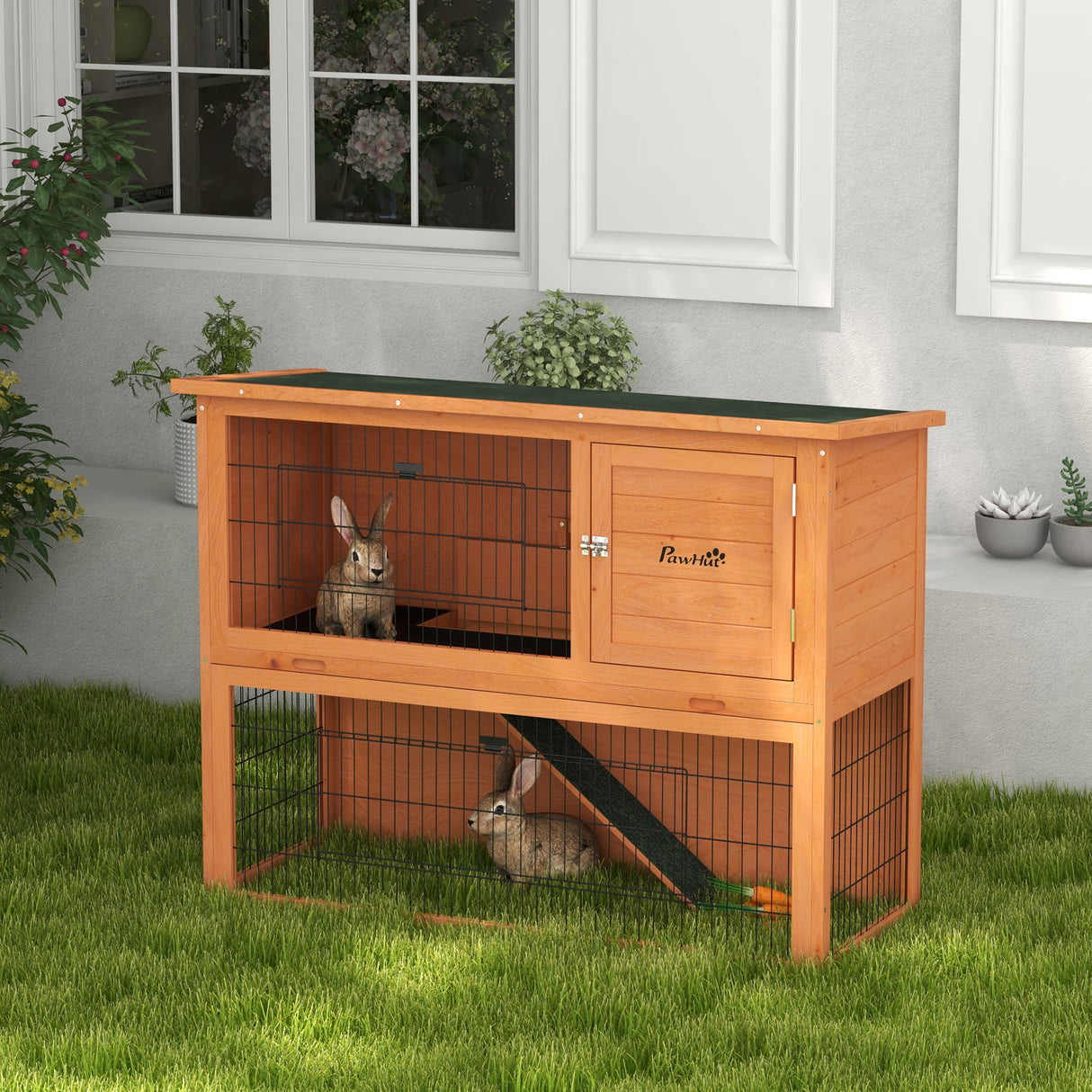 easycomfort easycomfort conigliera da esterno a 2 livelli in legno con vassoio rimovibile per 1 2 conigli arancione