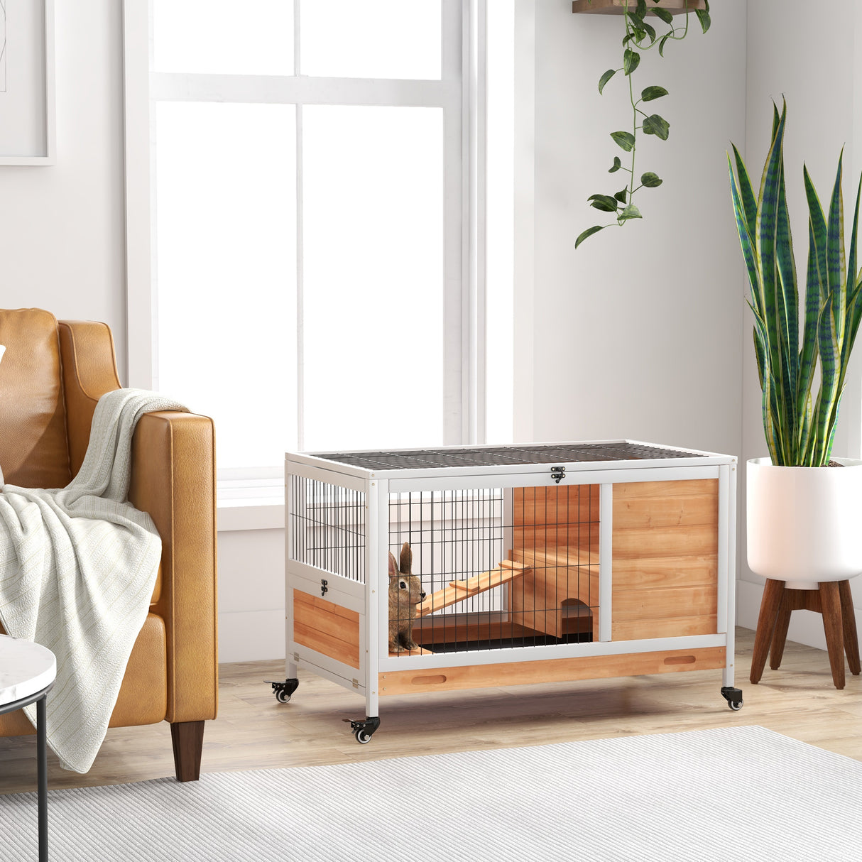 easycomfort easycomfort conigliera in legno con 4 ruote casetta per conigli e rampa 90x53x59cm giallo