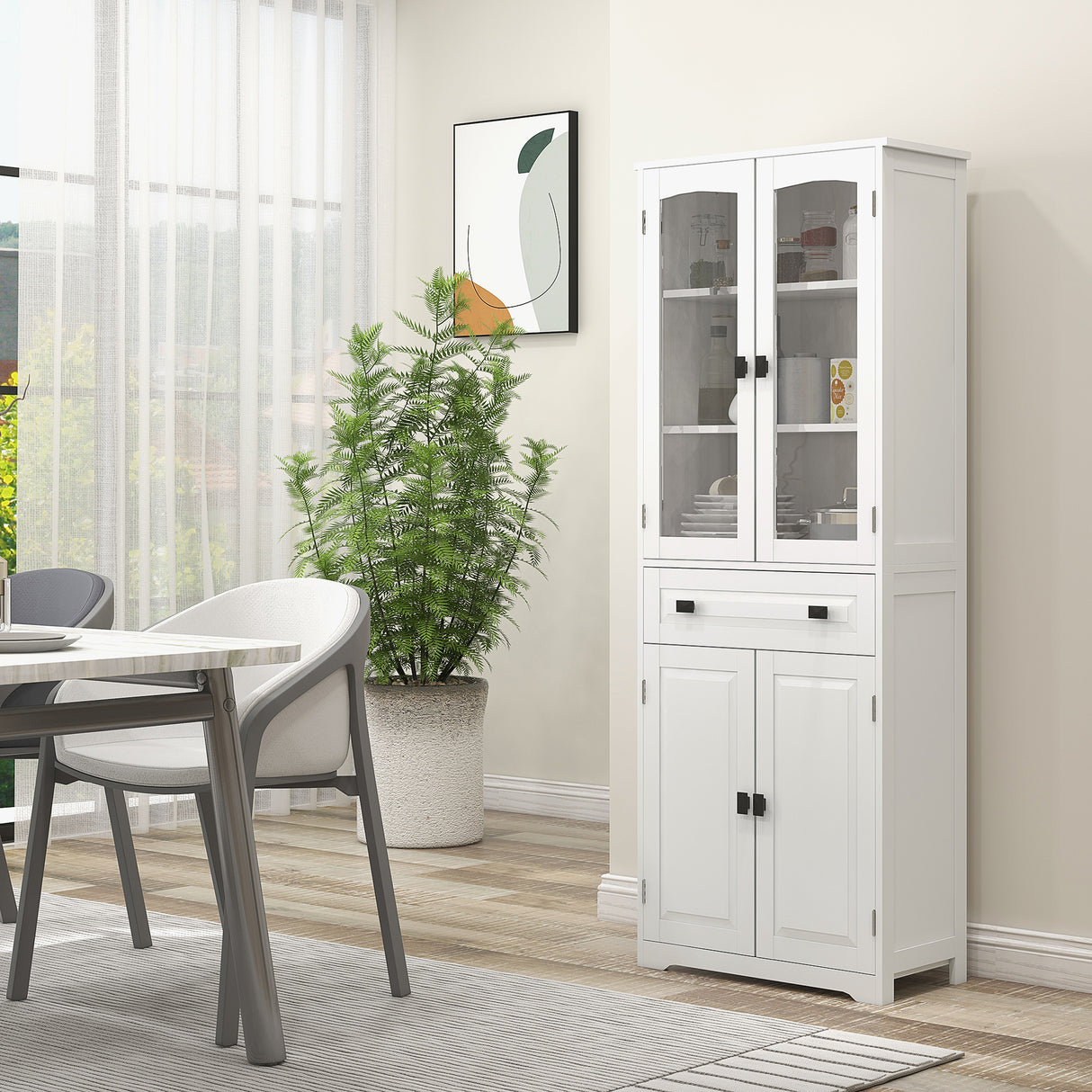easycomfort easycomfort credenza da cucina alta con 2 armadietti e cassetto ante a vetri e ripiani regolabili 60x30x160cm bianco