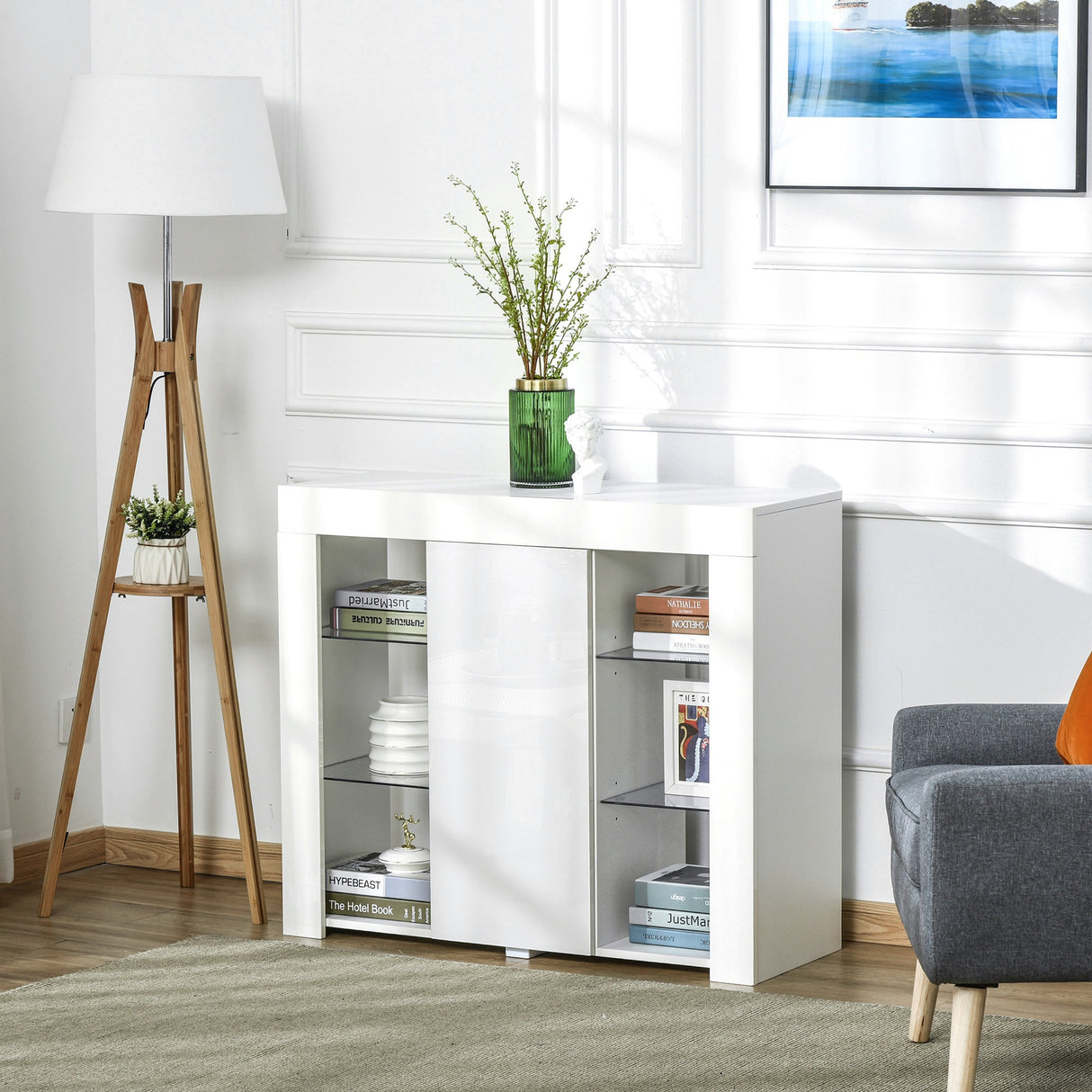 easycomfort easycomfort credenza moderna a anta con luci led e mensole in vetro mobile multiuso in legno con finitura lucida 97x35x83cm bianco
