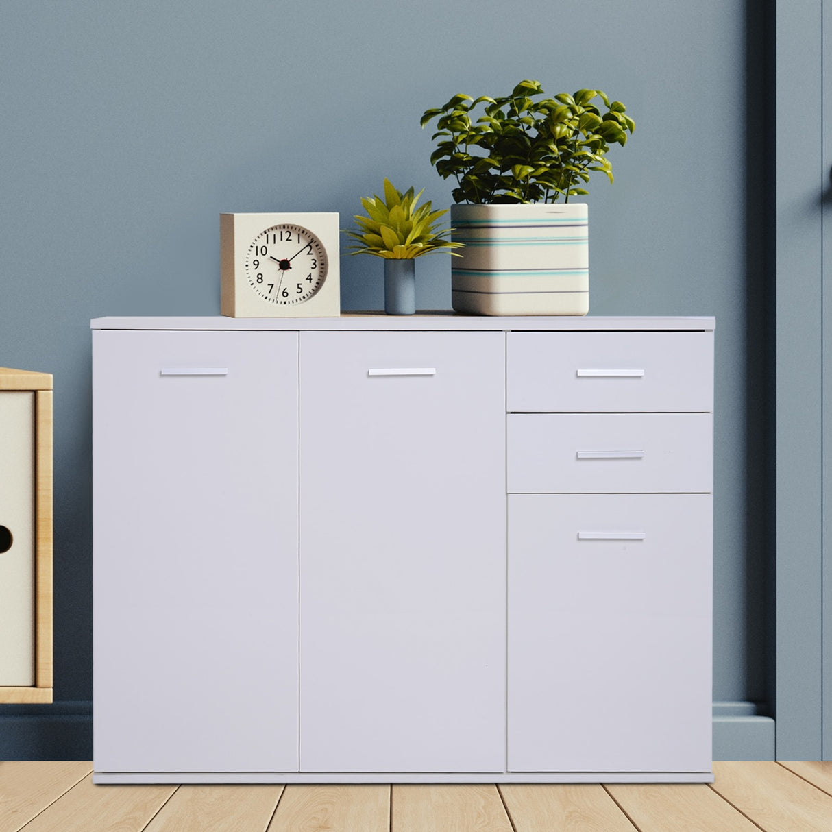 easycomfort easycomfort credenza soggiorno con 3 armadietti e 2 cassetti madia soggiorno moderna salvaspazio con ripiano regolabile in legno 106x35x76 cm bianco ean 8054111847575