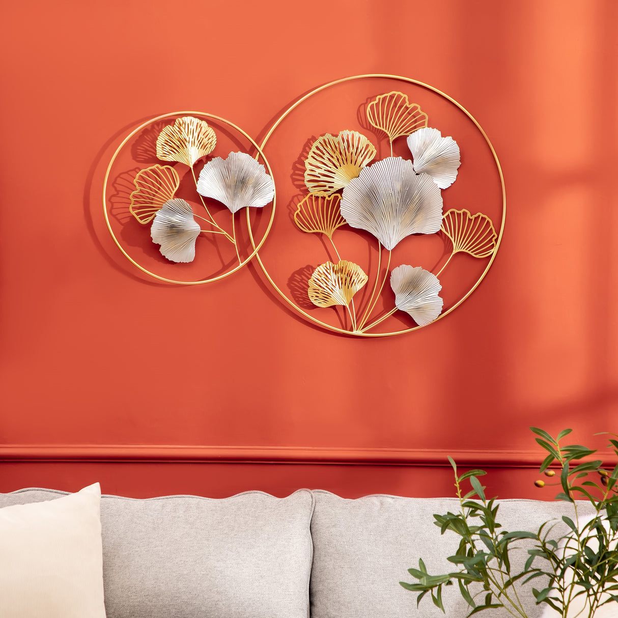 easycomfort easycomfort decorazione murale 3d in metallo wall art dorata con ginkgo in due cornici rotonde 102x66 2cm oro e argento