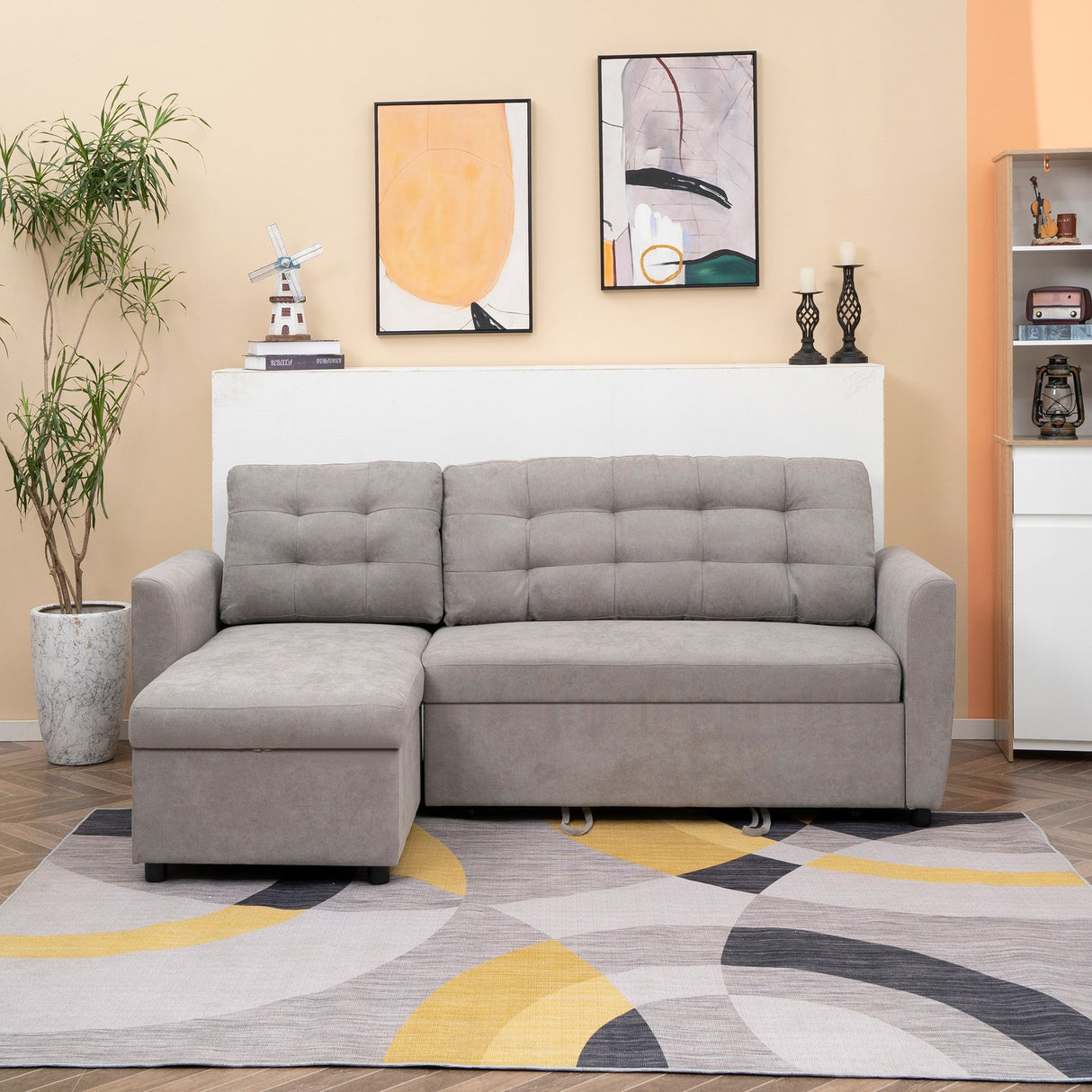 easycomfort easycomfort divano letto 3 posti con chaise longue contenitore in tessuto 217x134x85cm grigio