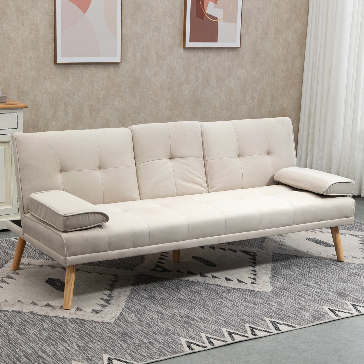 easycomfort easycomfort divano letto 3 posti reclinabile con rivestimento effetto lino e tavolino a ribalta beige