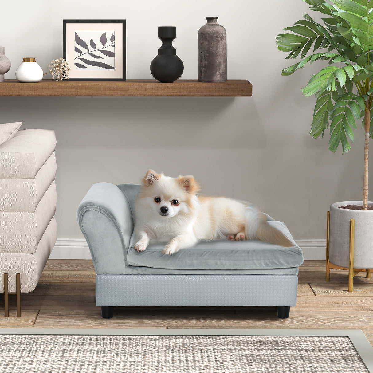 easycomfort easycomfort divano per cani con spazio portaoggetti e cuscino in legno e poliestere 76x45x43 cm grigio chiaro