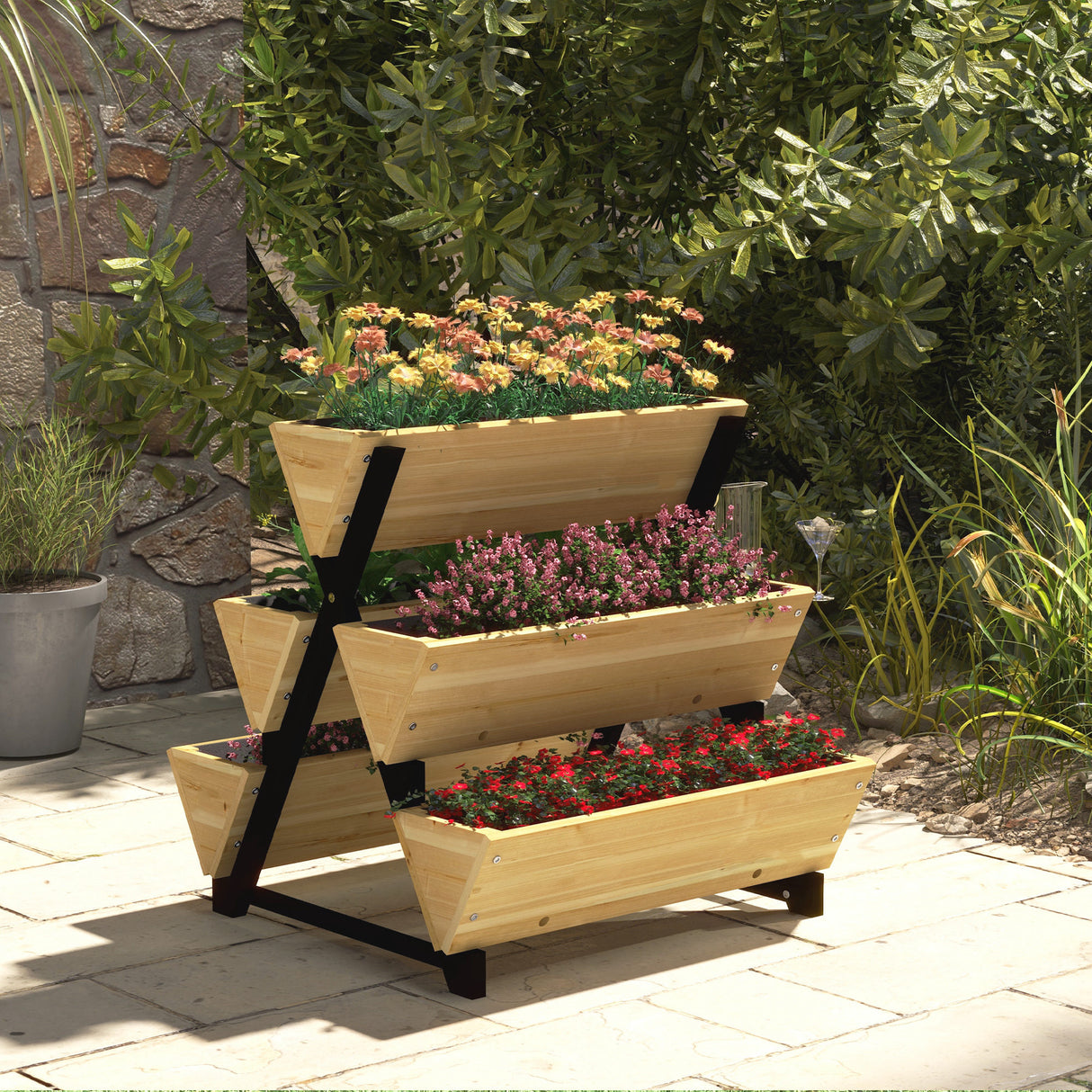 easycomfort easycomfort fioriera da esterno a 3 livelli con 5 strutture in legno di abete con fori di drenaggio 75x78x77 cm