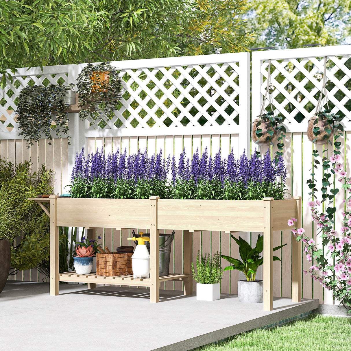 easycomfort easycomfort fioriera rialzata con tavolino laterale e ripiano porta attrezzi inferiore in legno di abete 207x59x78 cm