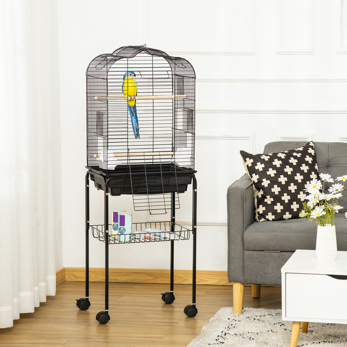 easycomfort easycomfort gabbia per uccelli con 3 posatoi 2 ciotole e 2 porte laterali in acciaio pp e legno 46x36x130 cm nera