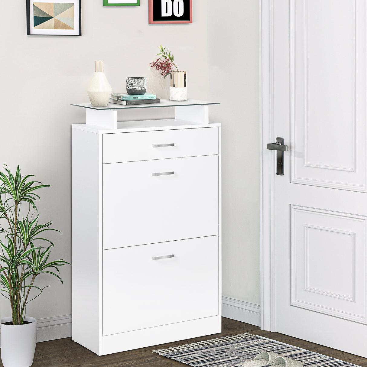 easycomfort easycomfort mobile scarpiera in legno con 2 ante a 2 livelli cassetto e ripiano in vetro 60x24x105 5 cm bianco