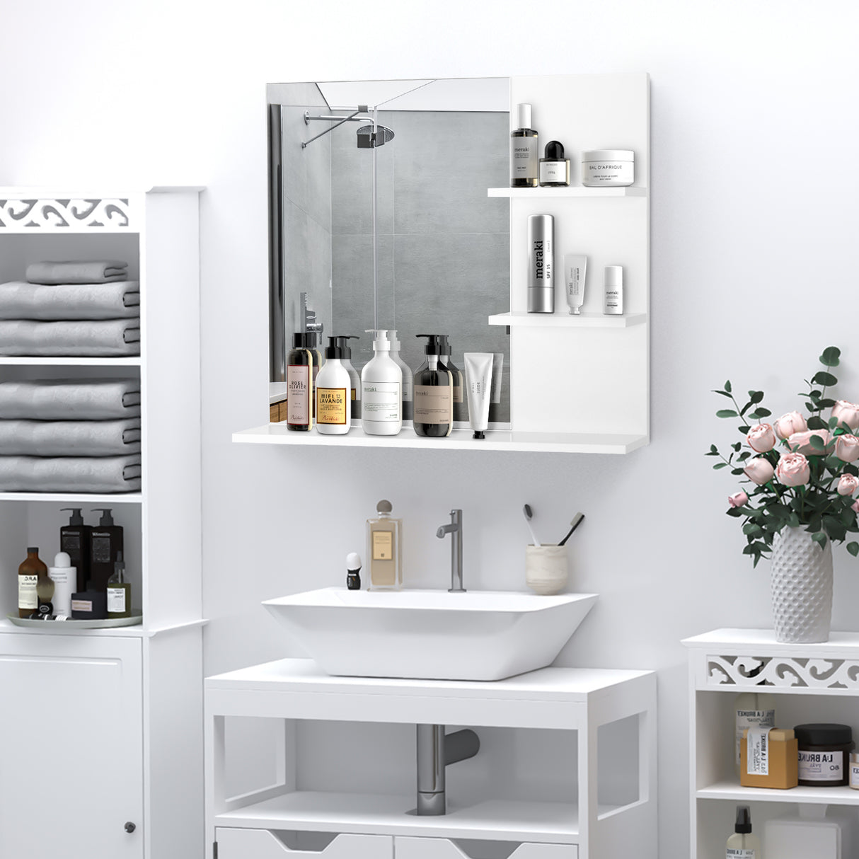 easycomfort easycomfort mobiletto pensile bagno 60 x 10 x 48cm con specchio e 3 ripiani armadietto a parete in mdf bianco ean 8054111841351