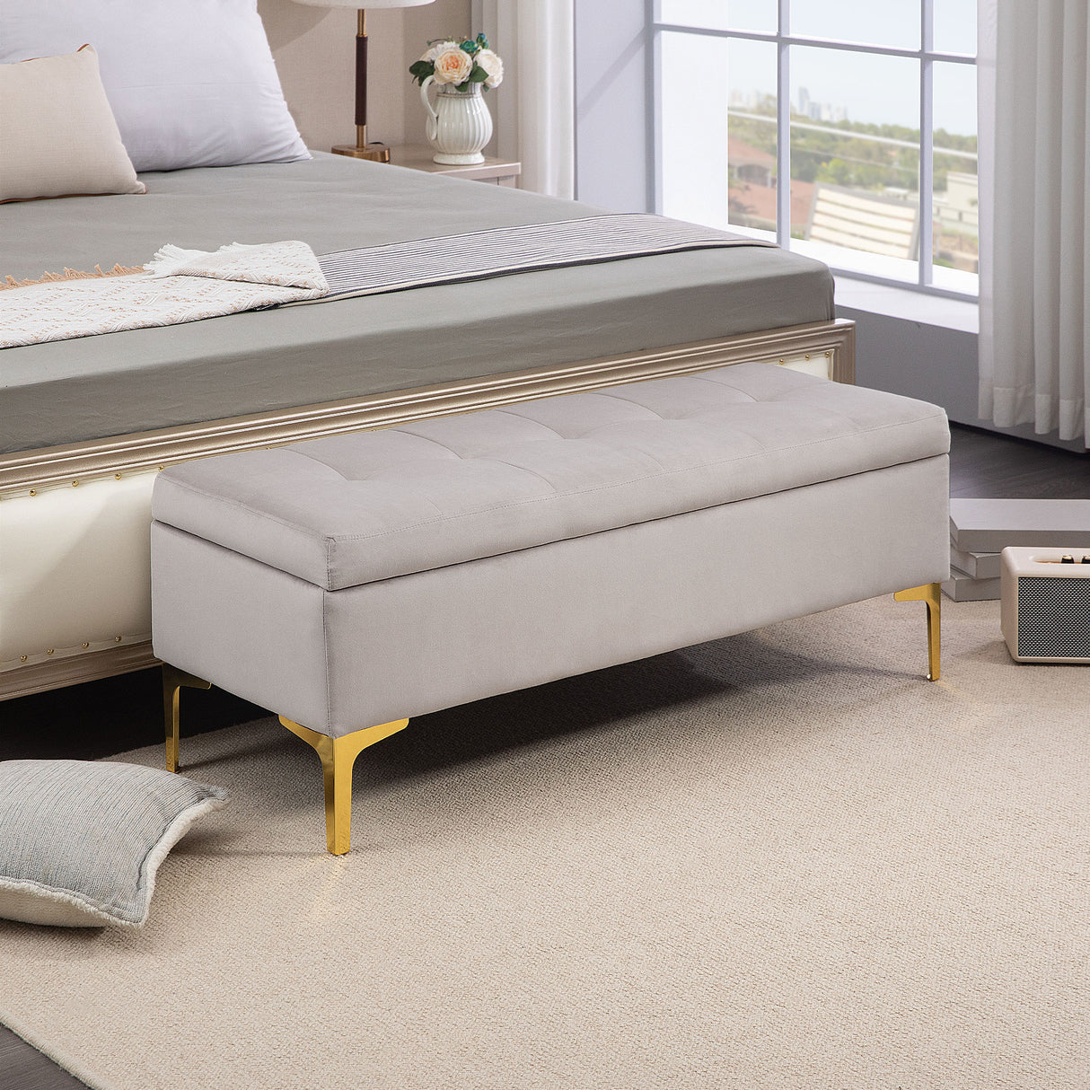 easycomfort easycomfort panca contenitore fondo letto con tessuto vellutato e gambe dorate 120x44x44 5cm grigio chiaro