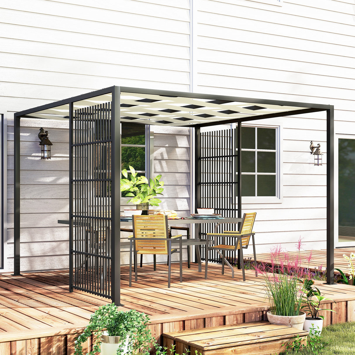 easycomfort easycomfort pergola per esterno 3x3 m con copertura ondulata e pannelli laterali in metallo e poliestere nero
