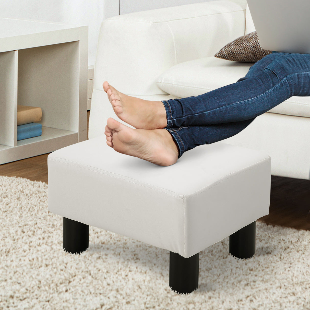 easycomfort easycomfort poggiapiedi rettangolare imbottito e rivestito in finta pelle bianca per soggiorno e ingresso 40x30x24 cm