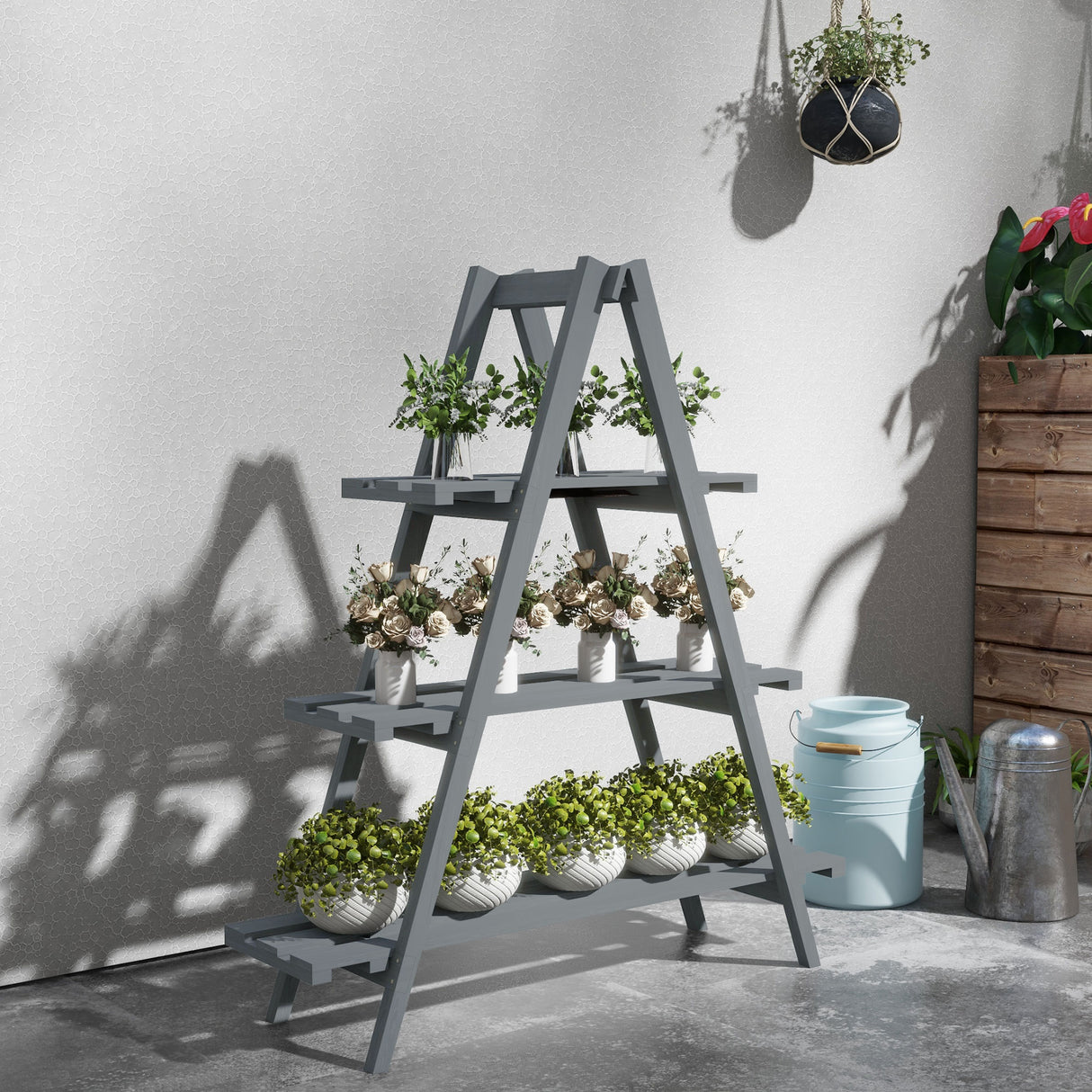 easycomfort easycomfort portapiante verticale 3 livelli a doghe in legno di abete 100x36x112 cm grigio