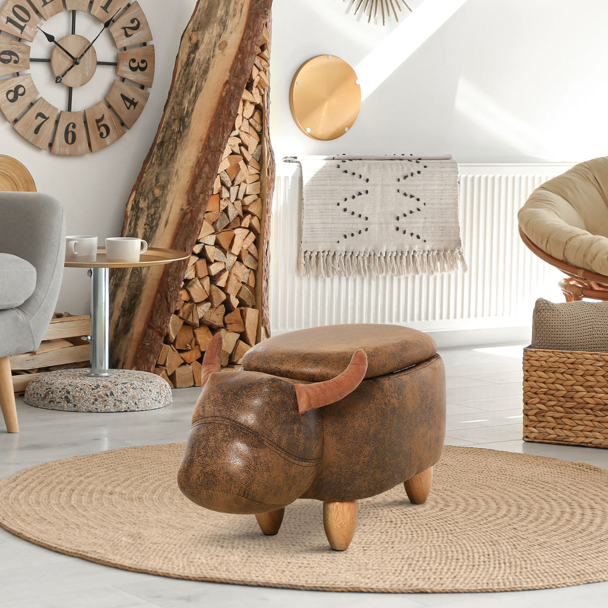 easycomfort easycomfort pouf contenitore a forma di bufalo pouf moderno da salotto sgabello poggiapiedi struttura in legno seduta imbottita 62x35x36cm marrone