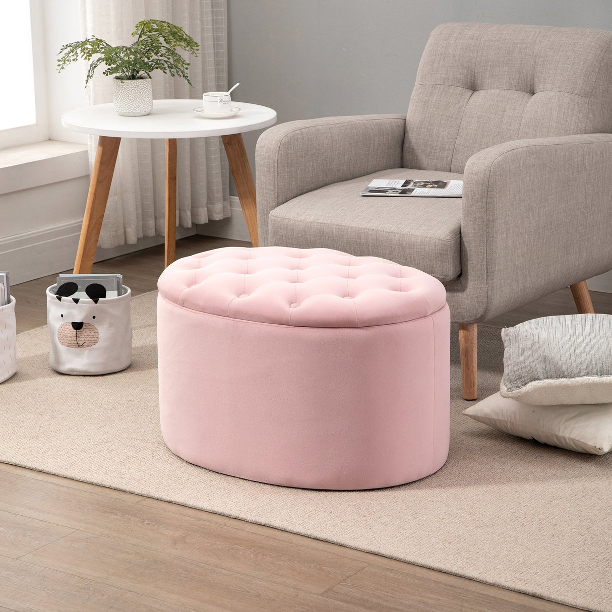 easycomfort easycomfort pouf contenitore ovale imbottito e trapuntato in velluto 71x52x42cm rosa