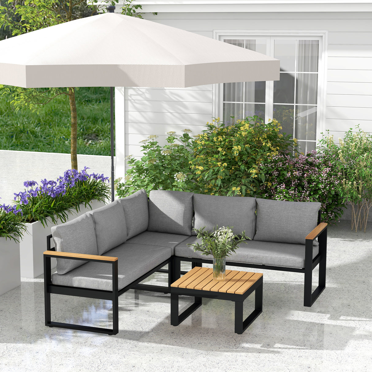 easycomfort easycomfort salotto da giardino con 2 divanetti seduta angolare e tavolino con piano a doghe grigio