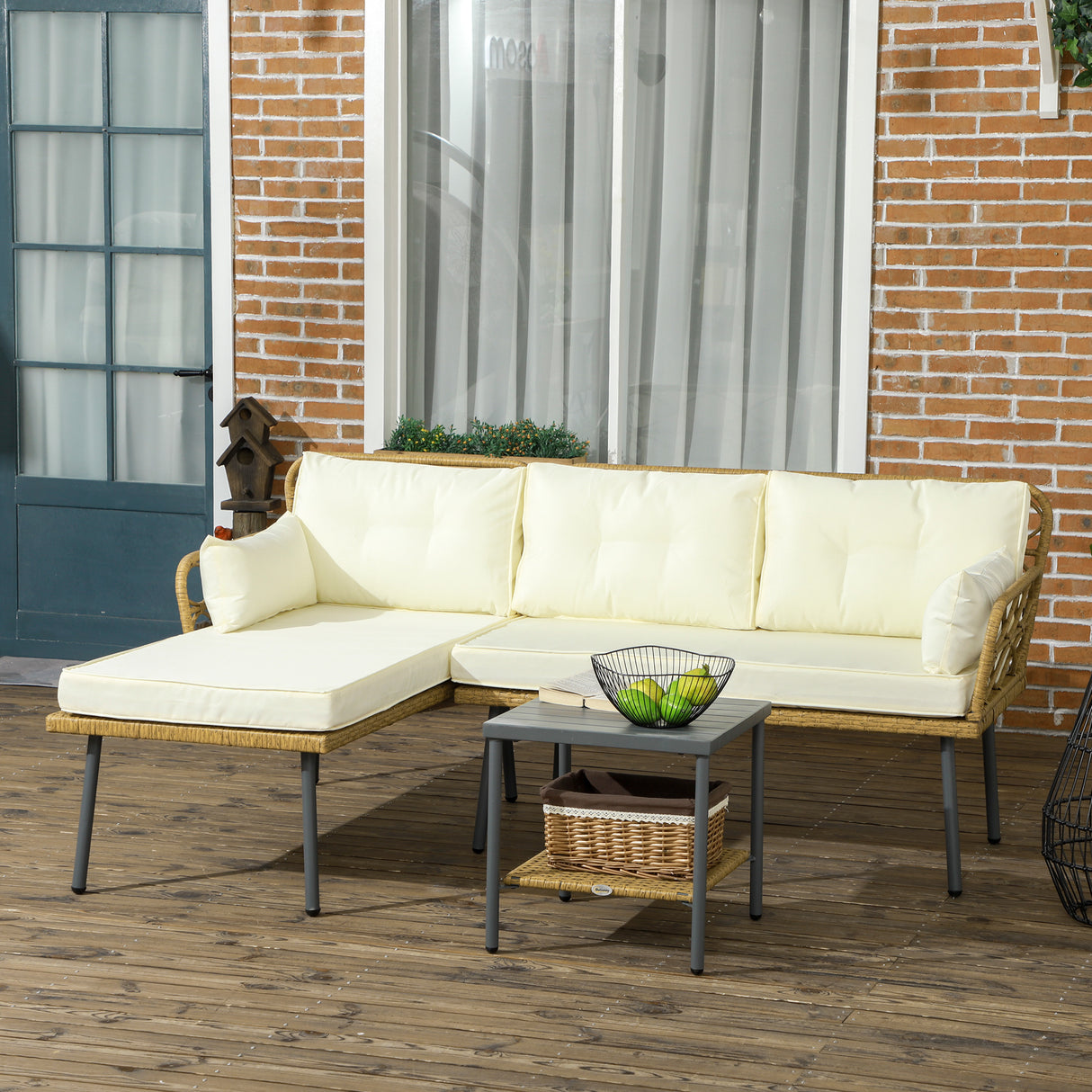 easycomfort easycomfort salotto da giardino in rattan pe con chaise longue divano 2 posti e tavolino crema