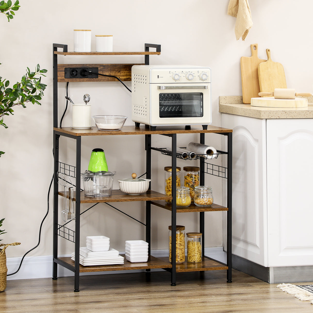 easycomfort easycomfort scaffale cucina multipresa per microonde con ripiani e cestino a rete 90x42x130cm marrone