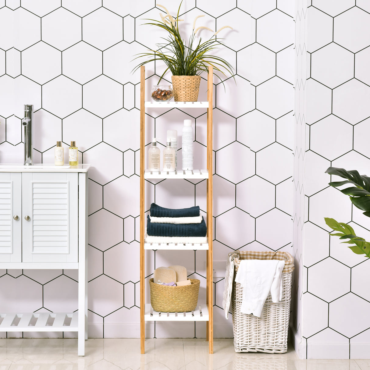 easycomfort easycomfort scaffale per il bagno a scala con 4 ripiani in legno di pino e bambu 35x36x138 5 cm bianco e legno