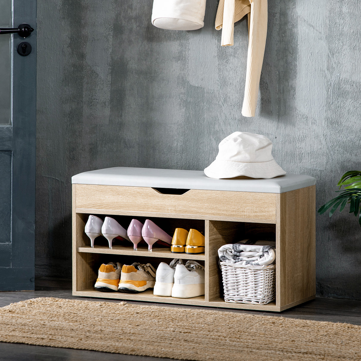 easycomfort easycomfort scarpiera salvaspazio imbottita con 2 ripiani aperti e spazio a scomparsa in legno e pelle pu 80x30x45 cm
