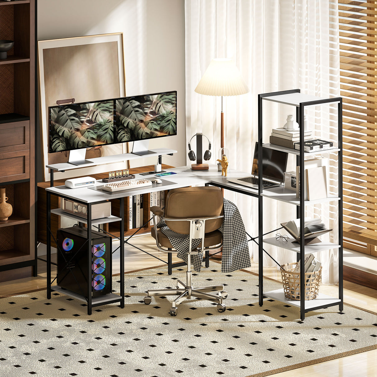 easycomfort easycomfort scrivania angolare con presa elettrica e usb scaffale e supporto per monitor bianco e nero