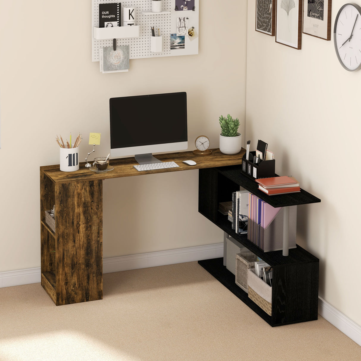 easycomfort easycomfort scrivania angolare salvaspazio con ripiano a s in legno 140x120x78 cm color marrone e nero