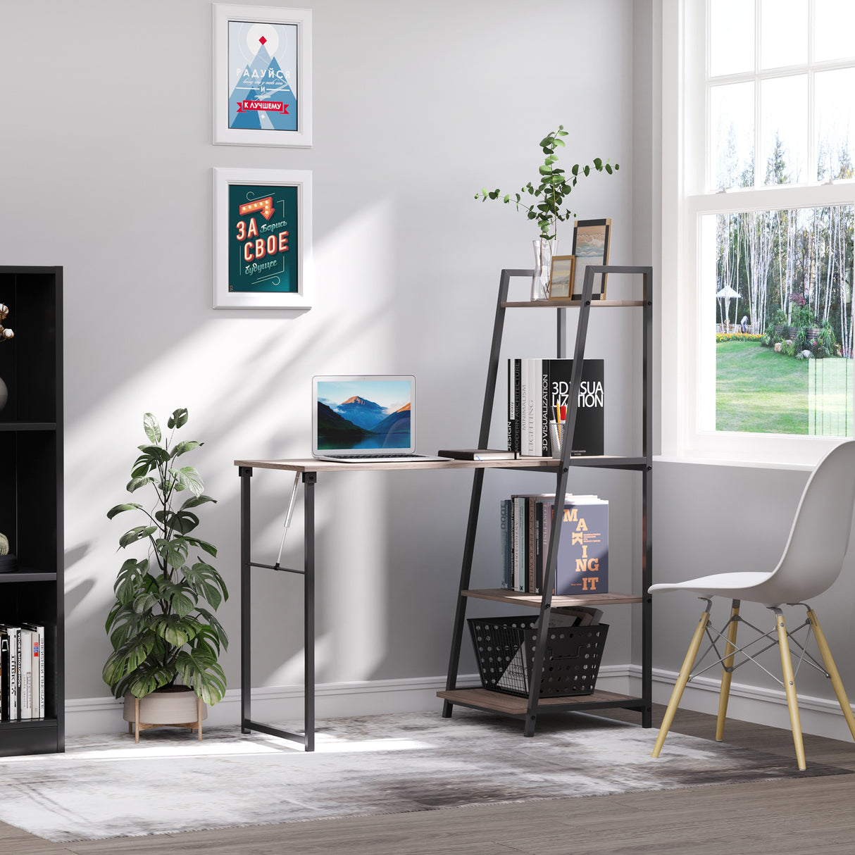 easycomfort easycomfort scrivania pieghevole con libreria salvaspazio a 4 livelli in metallo nero e legno grigio 106x48x128cm